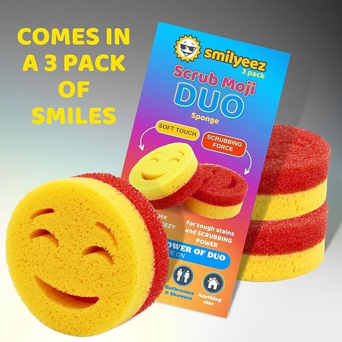 Smilyeez Scrub Moji Duo Scrubbing Sponge (Set of 3) Dual-Sided Scrub Sponges Multipurpose Sponge Scratch-Free Stain and Odor Resistant