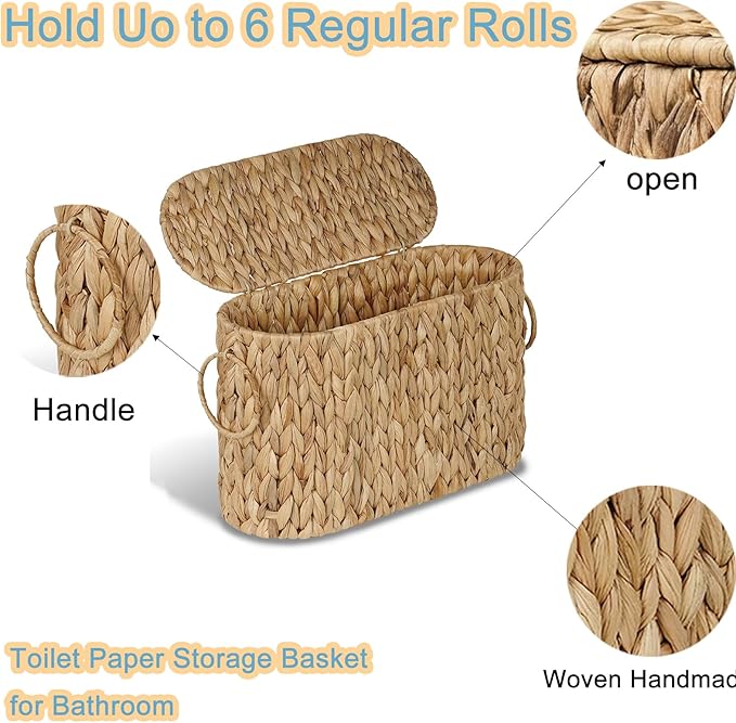 Toilet Paper Storage Basket,Water Hyacinth Wicker Basket with Lid and Handles for Bathroom Organizer and Storage,Toilet Paper Holder Stand with Storage,Papers Container for up to 6 Mega Rolls