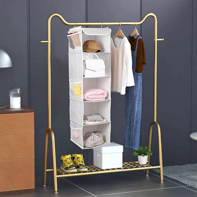 BrilliantJo 5 Shelves Hanging Closet Organizer, 2 Pack Hanging Storage with 6 Side Pockets for Clothes Shoes, 43"x12"x12"(Strip)