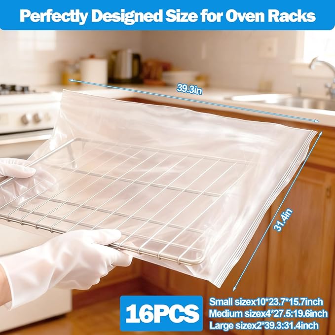 XANGNIER 16 Pack No Scrub Oven Rack Cleaning Bags,No Cleaner Included,Simple to Use,No Messy Hands Reusable Leakproof Soaking Cleaner Bags for Removable Metal Rack,BBQ Grills,Grill Grate