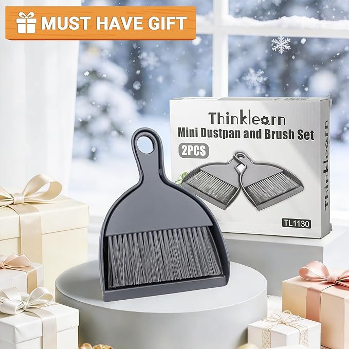 THINKLEARN 2PCS Small Dust Pan and Brush Set, Mini Broom and Dustpan Set, Compact and Hand Broom Combo Set for Cleaning, Dark Gray
