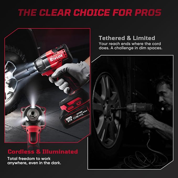Cordless Impact Wrench1/2 Inch, 600N. M/450Ft-lbs Power Impact Gun Kit, High Torque Electric Impact Driver for Car RV Tire,LED Light,4.0Ah Battery,Car/DIY Furniture/Home,Power tools,Red Toolbox