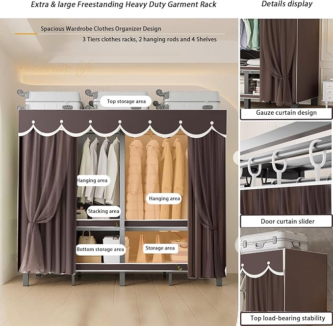 Heavy Duty Portable Closet with Cover Foldable Covered Clothes Rack for Hanging Clothes Armoire Wardrobe Closet System Freestanding Coat Storage Garment Racks (190cm/75in(Coffee))