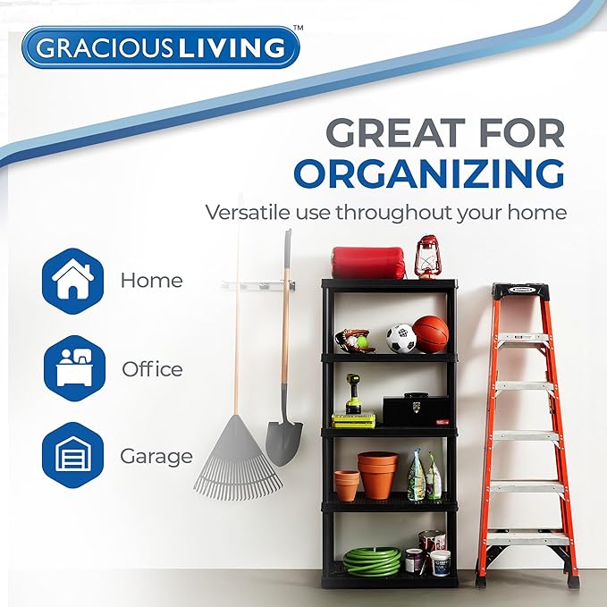 Gracious Living 5 Shelf Fixed Height Ventilated Medium Duty Storage Unit 14 x 32 x 72" Organizer System for Home, Garage, Basement, & Laundry, Black