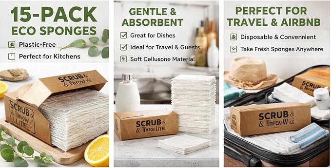 Scrub & Throw Lite, Cellulose Sponges (15-Pack), Eco-Friendly, All-Purpose Household Natural Cellulose Sponges, for Dishes, Cleaning, Biodegradable, Non-Scratch