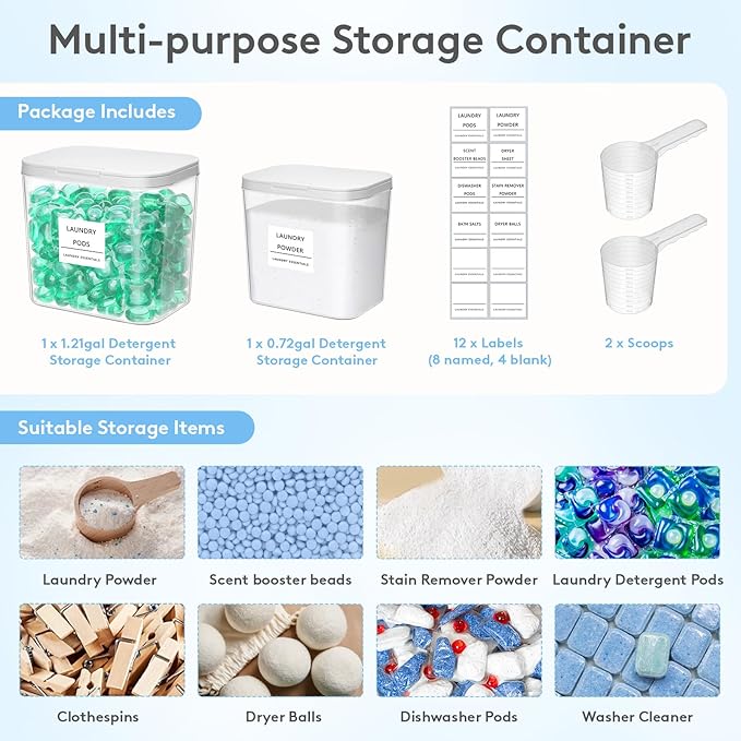 Lifewit Laundry Pods Container with Pop-up Lid, Laundry Room Organization, Dryer Sheet Holder for Washing Powder Scent Booster Beads, 2700 +4500ml/0.72+1.2gal,2 Pcs