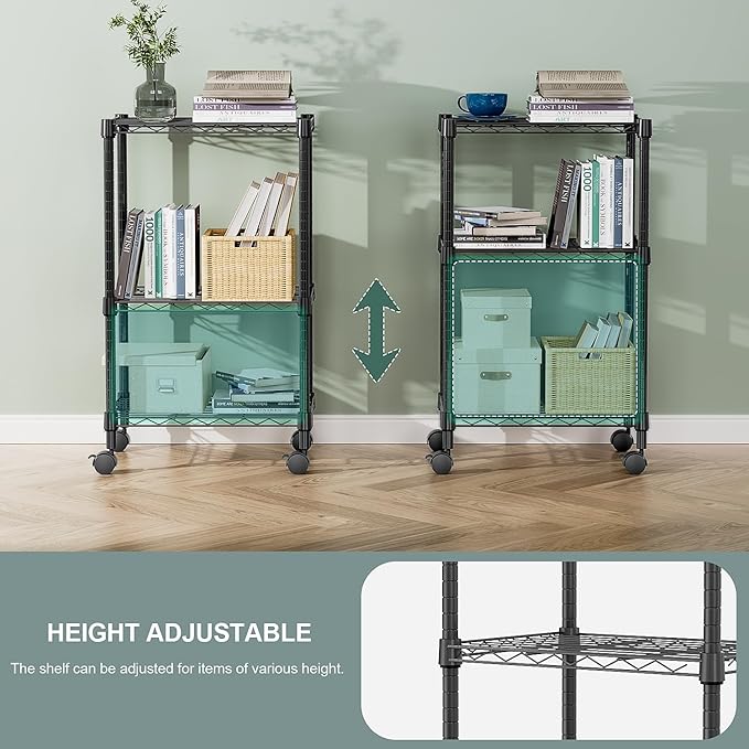 M MZG 3 Tier Shelf Metal Storage Shelves Wire Rack Closet Organizers with Wheel for Garage Kitchen Bathroom Laundry Black 11.8" D x 17.7" W x 29.8" H