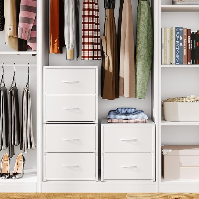 2 Pack Stackable Storage Closet Drawers, White Closet Organizers and Storage, Small Drawers for Closet with Wooden Top & Metal Frame, 2 Tier Modern Short Dresser for Bedroom,Dorm,Living Room, Office