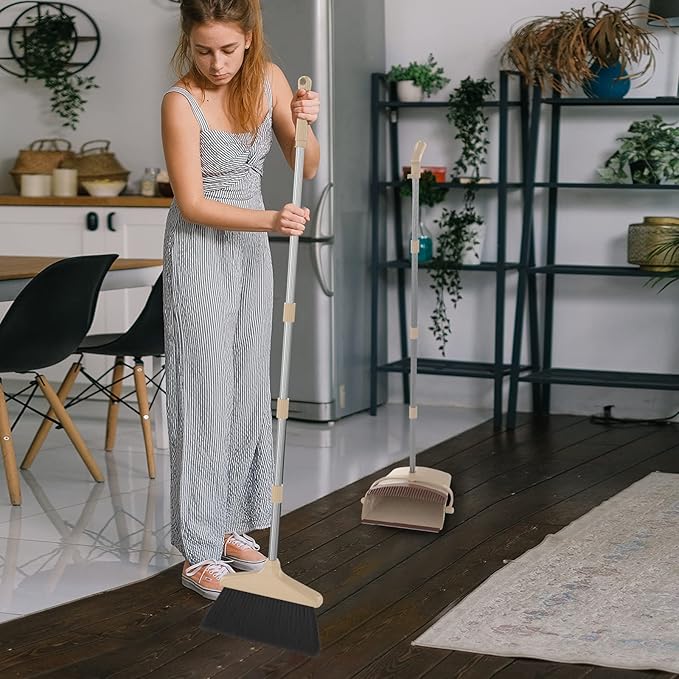 Broom and Dustpan Combo Set with Long Handle (54” L) Angle Broom Dust Pan for Home Kitchen Indoor Cleaning (Brown and Beige)