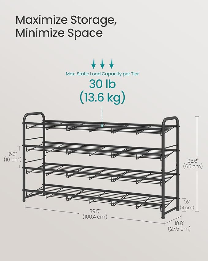 SONGMICS Stackable Shoe Rack, 4 Tier Metal Shoes Rack Storage Shelf, Holds up to 20 Pairs, Adjustable Slanted Shelves Tower Organizer for Closet Entryway Small Spaces, Black ULMR107BD01