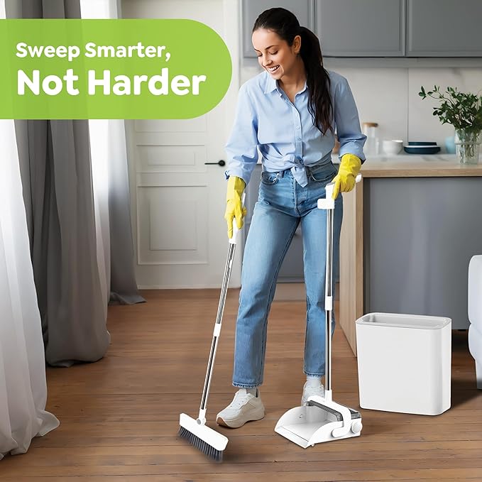 DustDockPro: Broom and Dustpan Set with Trashcan - Long Handle Upright Dust Pan with Teeth Comb, Angled Bristles for Pet Hair Removal, Compact Cleaning Kit for Kitchen Home Tiles Hard Floors
