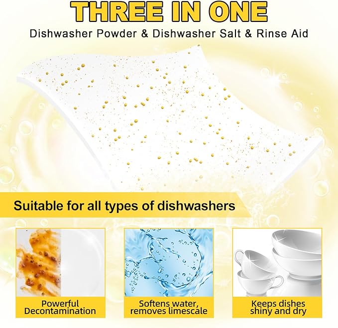 Binbata Eco Dishwasher Detergent Sheets Up To 160 Loads, Citrus Lemon Scent Plastic Free Dishwashing Soap Strips With High Efficient Solid Enzyme, Leaving Dishes Sparkling Clean