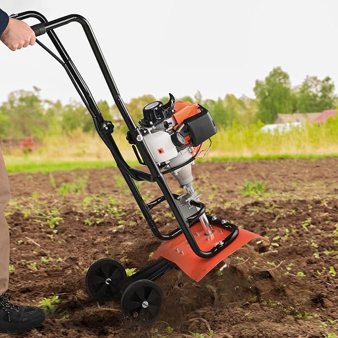 VEVOR Tiller Cultivator, 31CC 4-Stroke Garden Cultivator, Tiller with 4 Steel Adjustable Front Tines for Lawn, Garden and Field Soil Cultivation, Orange