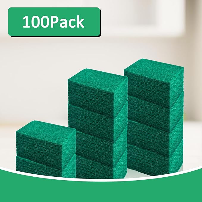 CONLI 100 PCS Scouring Pad Reusable Household Green Scrubbing Pads for Cleaning, Multipurpose 6" x 4" Non Scratch Scrubbing Pads for Kitchen Dishes Pan Metal Grills