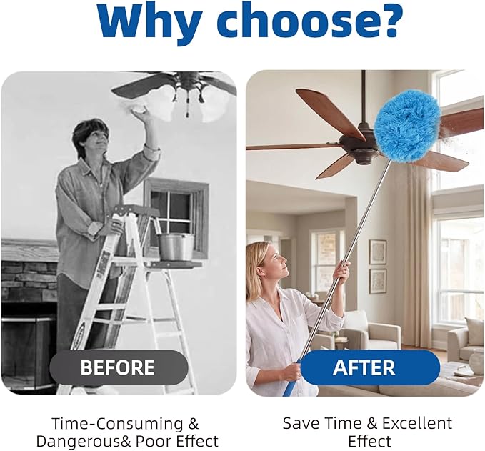 Ceiling Fan Cleaner Duster - Reusable Microfiber Ceiling Fan Blade Cleaner, Long Handle, Dust-Locking, Reusable, Bendable Head Attachment with Soft Grip for Ceiling Fan & High Furniture Surfaces