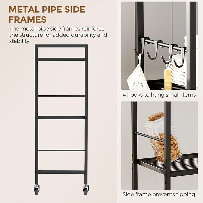 3-Tier Metal Storage Rack with Industrial Wheels,Mesh Shelving Unit with Wooden Table top,Adjustable Shelf,23.6-Inch Width,for Kitchen,Laundry,Pantry,Plant,Black panel and black frame
