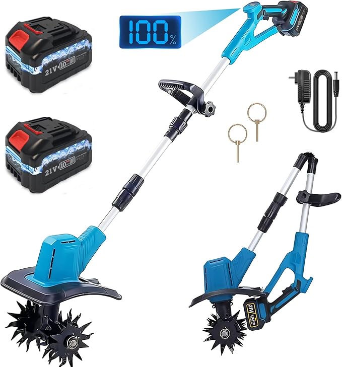 Cordless Tiller Cultivator, Battery Powered Electric Tiller with 360RPM, 48 Steel Tines, 9" Tilling Width, 6.6" Depth, Portable Rotary Tiller for Gardening(2x4.0 Ah Battery & Charge & LCD Display)