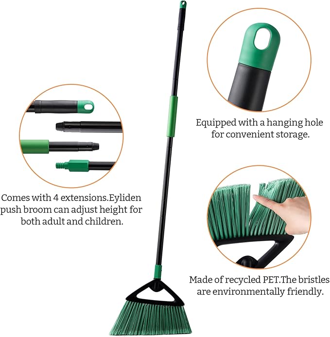 Eyliden Broom, Angle Broom with 57" Long Handle, PET Bristles - Fit Heavy-Duty Cleaning, Also Works Well Fine Dust - Commercial Outdoor Indoor Sweeper for Courtyard Sidewalk Deck Kitchen Lobby, Green