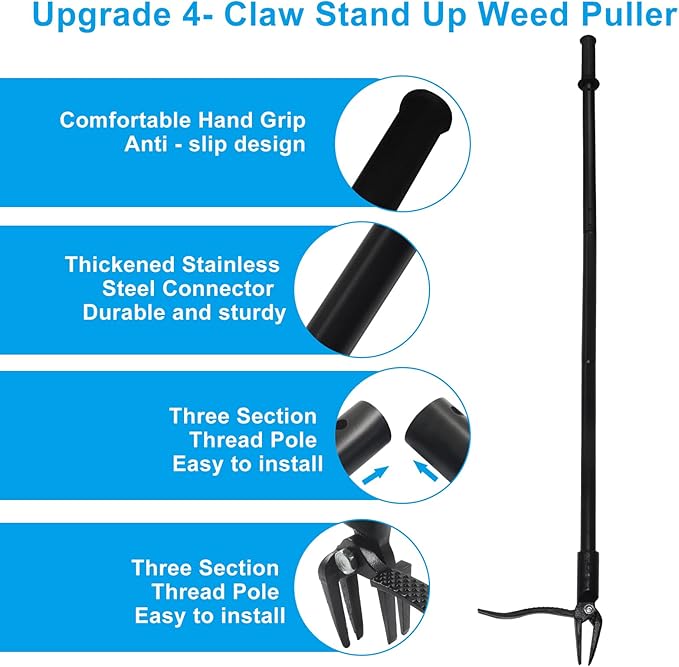 2Pcs Weed Puller Set, Stand up Weeder Weeding Tool, with Black Claw & Long Detachable Black Metal Handle, 46" Weed Remove Tool for Lawn & Garden, No Bending or Kneeling Required