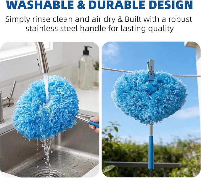 Ceiling Fan Cleaner Duster - Reusable Microfiber Ceiling Fan Blade Cleaner, Long Handle, Dust-Locking, Reusable, Bendable Head Attachment with Soft Grip for Ceiling Fan & High Furniture Surfaces
