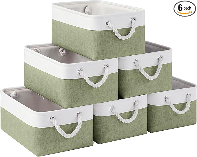Storage Baskets for Shelves 13.8x9.8x6.7 Inch-Foldable Fabric Organizing Storage Bins with Handles, Closet & Bathroom Organizer, Home Storage for Kitchen, Office (6-Pack, White&Green )