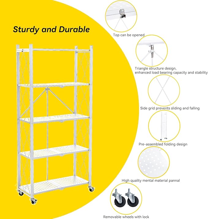 BRIAN & DANY 5-Tier Foldable Storage Shelves with Wheels, Folding Metal Rack Shelving Unit, Heavy Duty No Assembly Organizer Shelf for Garage, Kitchen, Basement, Pantry, White