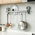 Wall Mounted Utensil Hook Rack with 8 Hooks, No Drill Installation, Space Gray Finish, Kitchen Organizer for Coats, Bags, and Accessories，Suction Cup Storage (1Pack)
