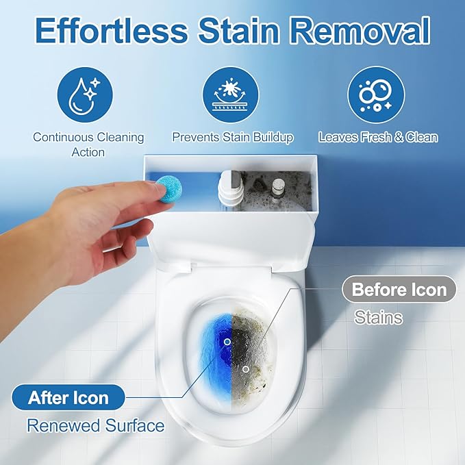 Toilet Bowl Cleaner Tablets Blue Toilet Tank Cleaners, Septic-Safe Hard Water Stain Remove, Effervescent Stain & Odor Remover Bathroom， Automatic Toilet Cleaning & Deodorizer 50 TabsTTDS