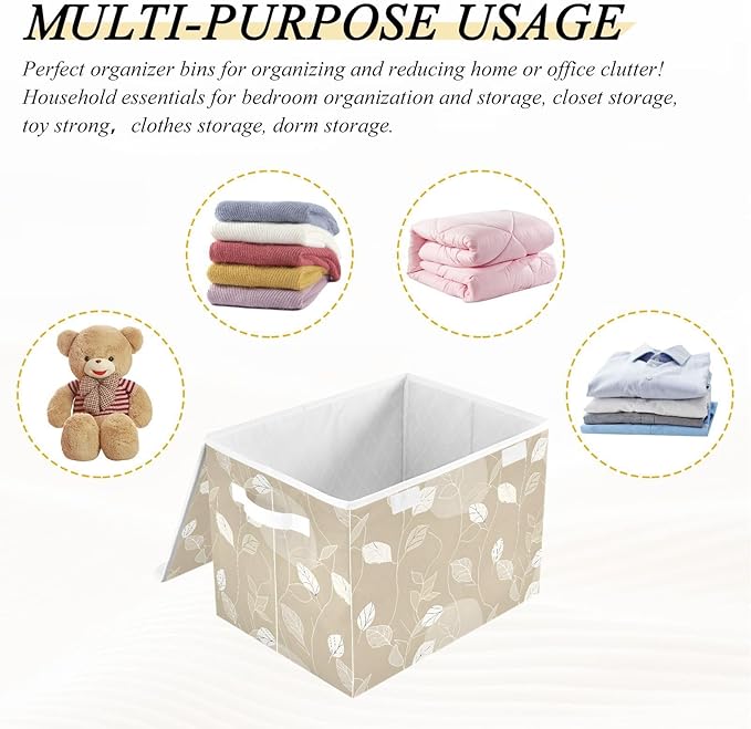 Large Storage Bins with Linen Collapsible Foldable Storage Cubes Fabric Closet Organizer Containers box with Flip-Top Lid for Home Bedroom Office 16.7 x 12.6 x 11.8in (White Line Leafs Ink Beige)