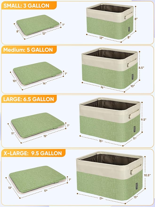 BALEINE 4 Pack Fabric Storage Bins for Shelves, Linen Storage Baskets for Organizing, Decorative Closet Bins for Clothes, Home (Green, 14''x10''x8.5'')