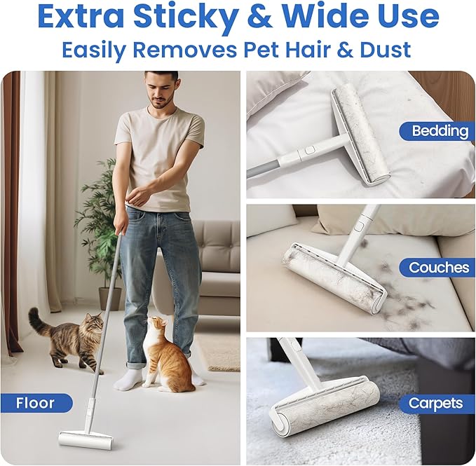 Large Lint Roller for Floors Carpet Furniture Bed – 9.45" Wide Extra Sticky Pet Hair Remover, 4 Refills 360 Sheets Value Pack, Long Handle for No-Bending Cleaning –Ideal for Dog Cat Owners Homes