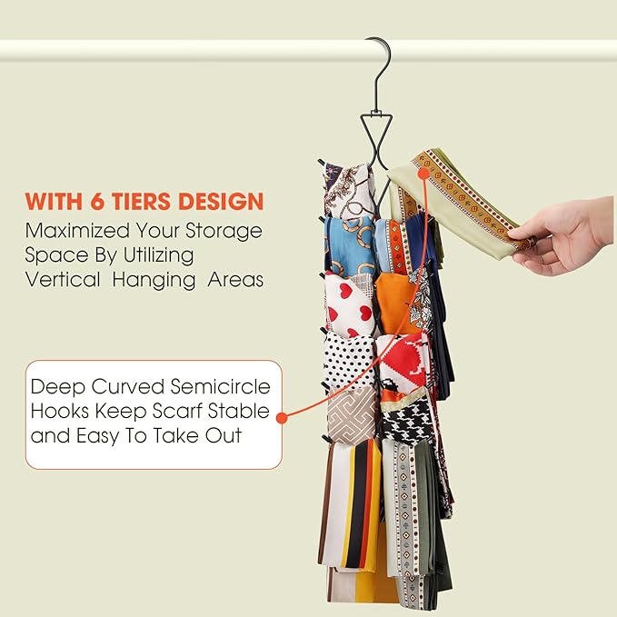 Scarf Hanger 2 Pack 24 Storages,Purse Hanger with 360 Swivel Hook,Scarf Organizer Scarf Hangers for Closet,for Scarves, Shawl,Belt,Purse & Baseball Cap