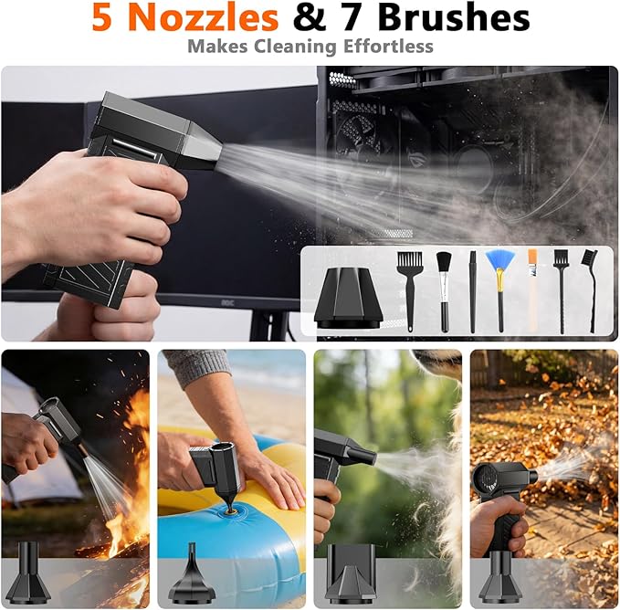 Preciva 2-in-1 Compressed Air Duster, 180,000 RPM High-Speed Turbo Electric Duster & Vacuum with 3-Second Deep Cleaning, Rechargeable Battery, 6 Attachments and LED Light for Keyboard, PC, Car, Home