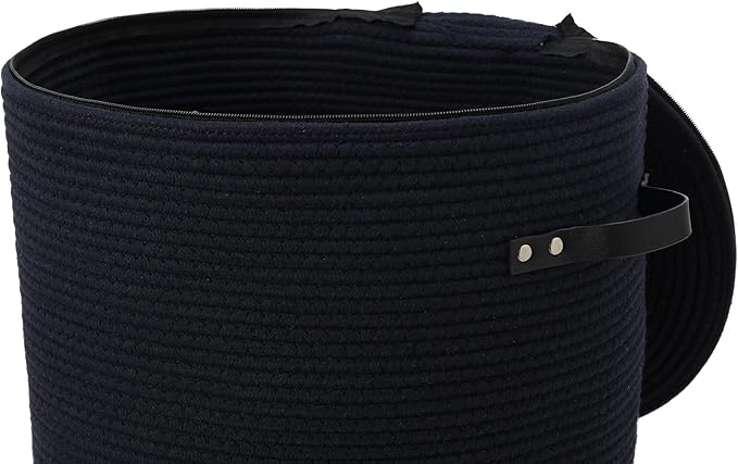 Cottonphant Extra Large Cotton Rope Storage Basket with Lid and Zipper, Versatile Laundry Hamper and Cloth Bin for Clothes, Towels, Blankets, Living Room Organization (All Deep Blue, 16"x20")