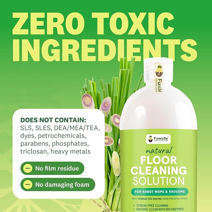 Fuwa3e Natural Floor Cleaning Solution, Compatible with Tineco, Roborock and More, Fermented from Pineapple Peels, Lemongrass Scented, Safe for Hardwood, Laminate, Vinyl, 33.8 oz