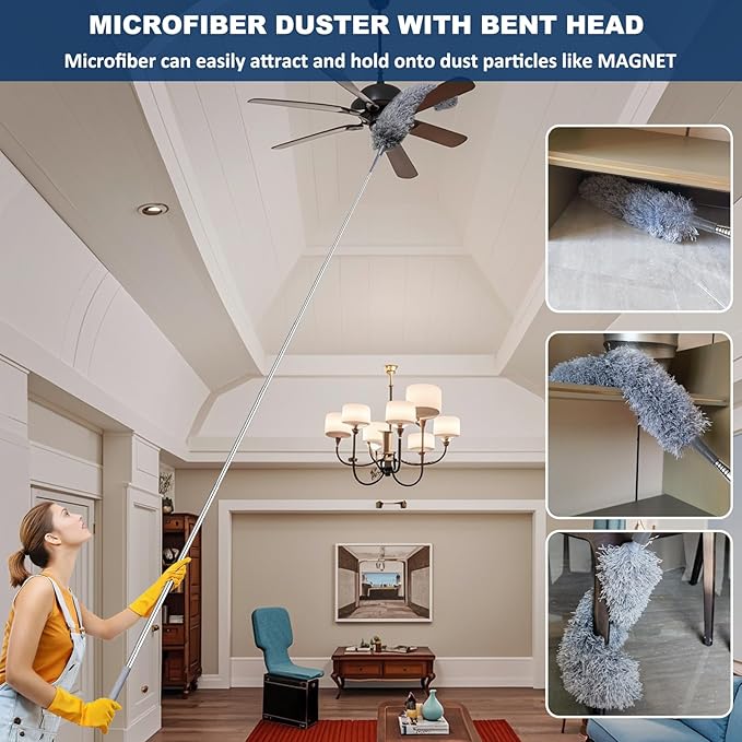 100 Inch Retractable Gap Dust Cleaner Cleaning Tools & Microfiber Feather Duster Washable and Retractable Duster Brush for Cleaning Under Appliances Furniture Ceiling Fan Dust and Cobweb Cleaner
