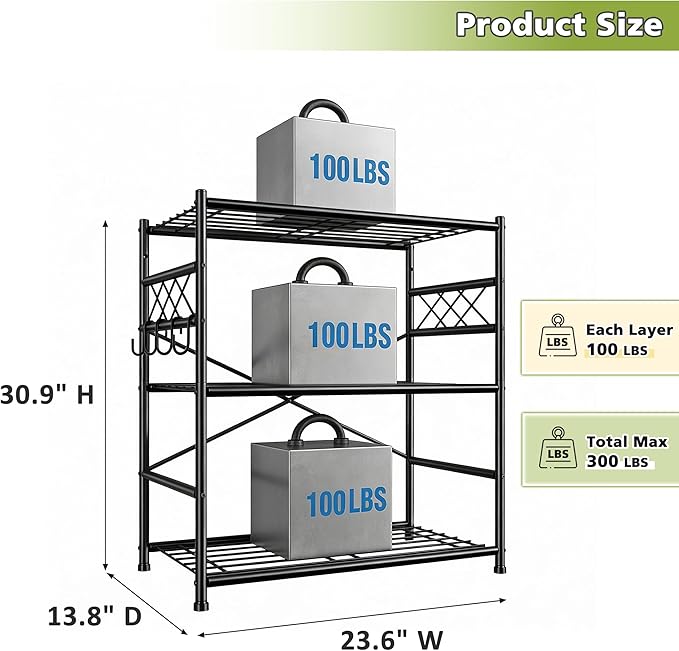 Durayloly 3Tier Storage Shelves Metal Shelving Unit Organizer,Adjustable Wire Shelving Rack Pantry Kitchen with Hooks,Shelves for Laundry,Office and Bathroom closet shelves 23.6" W x 13.8" D x 30.9" H