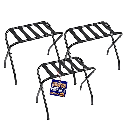 Lifemaster Metal Luggage Rack - Pack of 3 Foldable, Easy Assembly, Space Saving, and Stylish Steel Frame Guest Suitcase Stands with Nylon Straps - Black