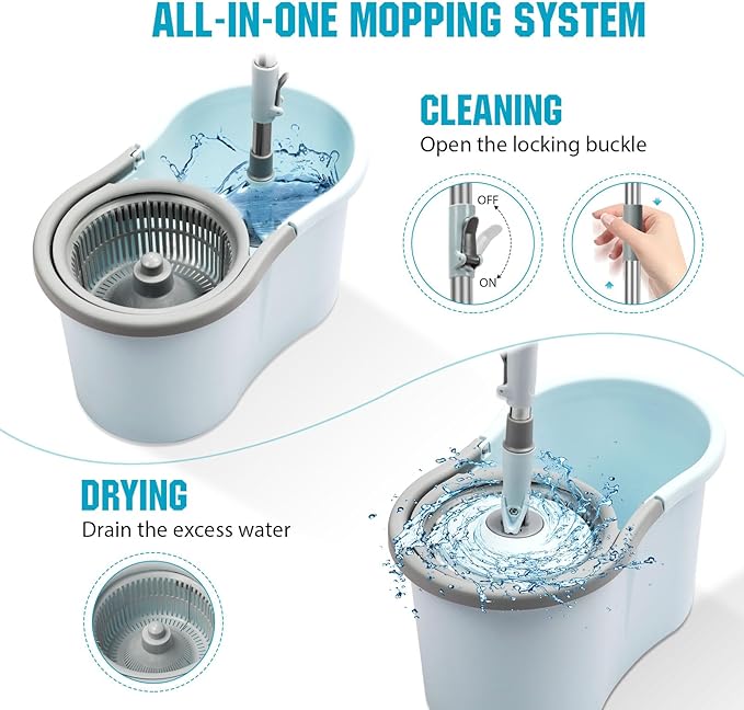 Spin Mop and Bucket with Wringer Set, 360° Spinning Mop Bucket System with 3 Microfiber Mop Replacement Heads and 50" Stainless Steel Adjustable Handle for Floor Cleaning
