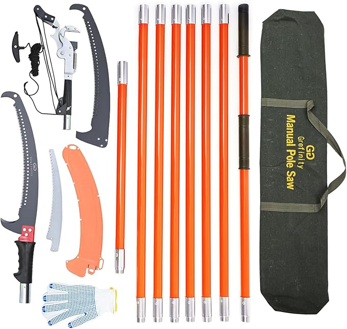 Manual Pole Saw for Tree Trimming, 27 FT Manual tree purner with 8 Fiberglass Handles, Sharp steel Blade and Heavy-Duty Giant Scissors, Extendable Design for Tree Maintenance, Orange