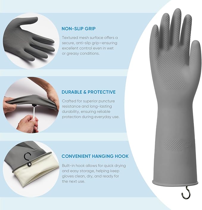 Dishwashing Gloves for Kitchen, 4 Pairs Rubber Cleaning Household Dish Washing Latex Glove with Hanging Hook (Black+Blue+Green+Grey, Small)