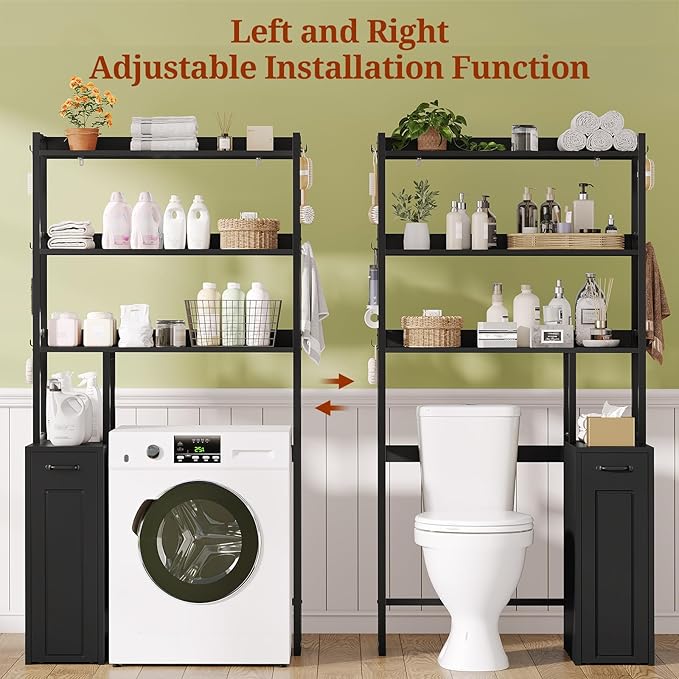 UPOSOJA Over The Toilet Storage Cabinet with Pulley, Bathroom Organizer W/6 Hooks for Restroom, Laundry, Plant Stand (Black)