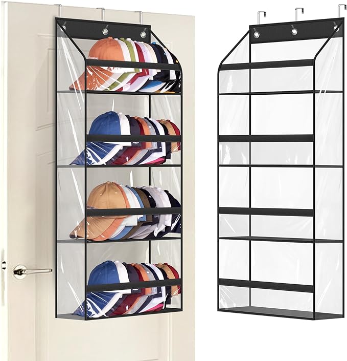 AOODA Clear Over the Door Hat Racks for Baseball Caps, Hold 48 Caps Hat Storage Organizer for Closet Wall, Deep Pockets Hanging Snapback Holder Shelves with 3 Hooks, Black