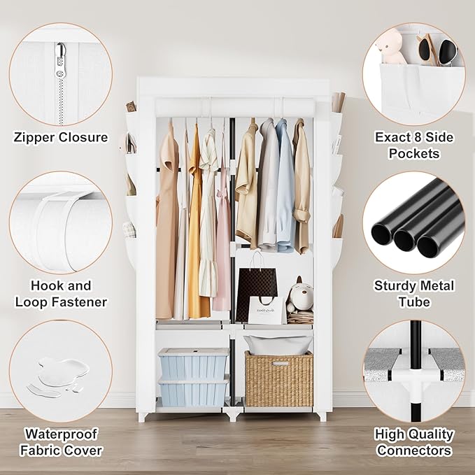 Portable Closet for Hanging Clothes, Portable Wardrobe Closet with Cover, 4 Storage Shelves, 2 Hanging Rods and 8 Side Pockets, Easy Assembly and Sturdy Free Standing Closet for Bedroom, White
