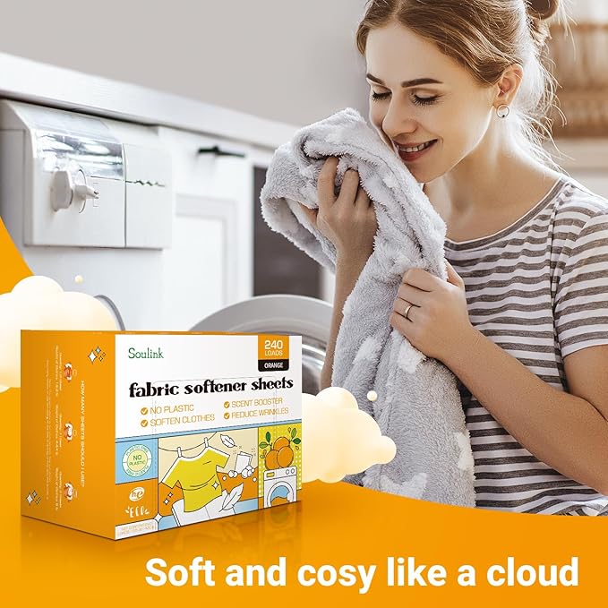 Soulink Fabric Softener Sheets for Washing Machine, No Plastic Jug Soap Strips, Alternative to Fabric Softener Liquid and Pods, Orange Scent, Up to 240 Loads