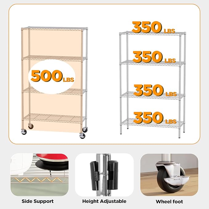 FDW 4-Tier Wire Shelving Unit Adjustable Garage Shelving 1400 lbs Weight Capacity Storage Shelves with Wheels for Home Kitchen Garage Commercial, 14" Dx36 Wx62 H, Chrome