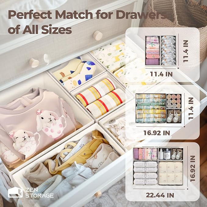 Cotton Linen Drawer Organizers for Baby Clothes, 20Pack Multi-Size Nursery Dresser Dividers for Clothes, Premium Foldable Storage Bins for Bedroom, Closet and Diaper Table, Beige