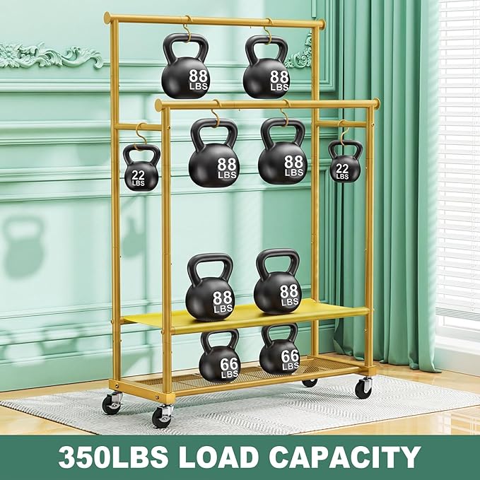 Double Rods Clothes Rack for Hanging Clothes, Heavy Duty Rolling Clothing Rack with Wheels, Freestanding Garment Racks with Oxford Bottom Shelf and Mesh Bottom Shelf for Bedroom Laundry (Gold)
