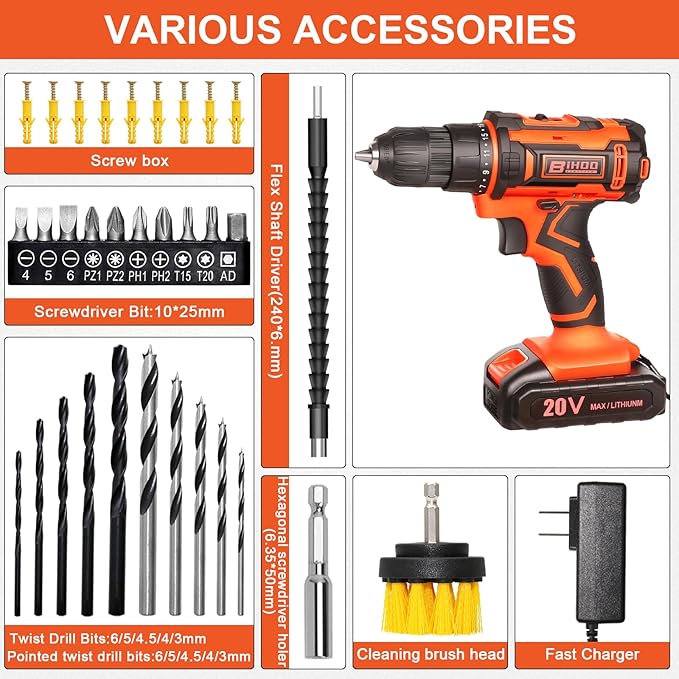 20v Drill Driver Set,Cordless Drill with Battery and Charger,LED Tools Kit,25+1 Torque Setting,43pcs Drill Bits
