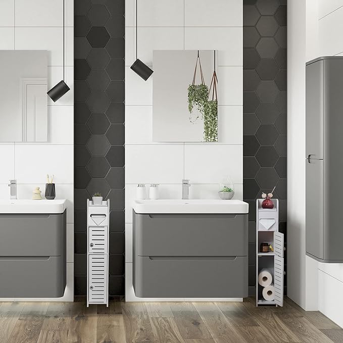 TuoxinEM Storage Cabinet for Small Spaces, Over The Toilet Cabinet for Skinny Bathroom Storage Corner Floor, Slim Paper Holder with 2 Doors & Shelves (White)
